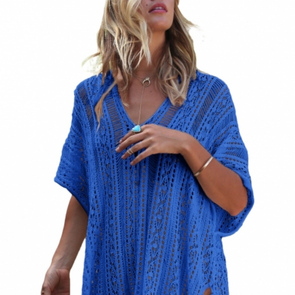 Cobalt Blue Crochet Knitted Tassel Tie Kimono - Picture 5 of 7